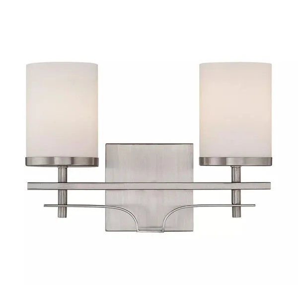 Two-light bath bar with white opal cylindrical glass shades and satin nickel finish on a rectangular wall plate