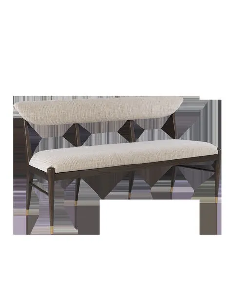 Arlan Coffee Bench with coffee brown ash wood frame and nubby Busio Desert fabric upholstery with tapered legs