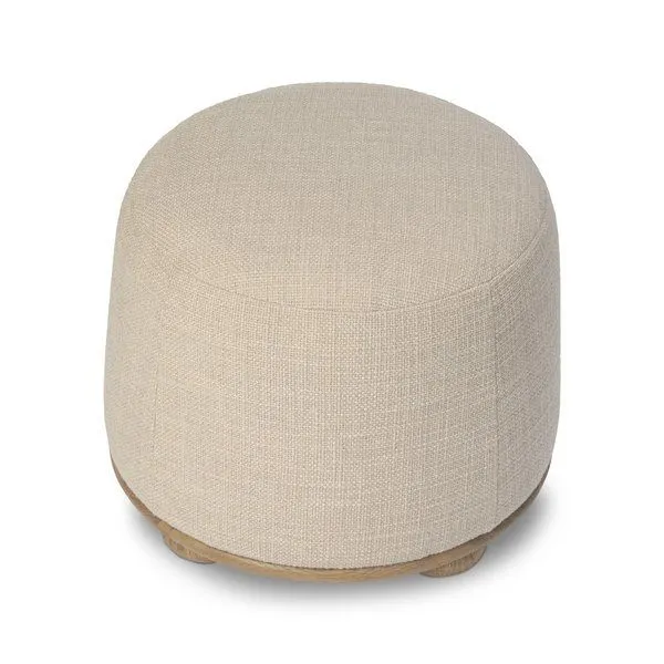 Bilbury Ottoman with softly tapered shape, rounded base, oak bun feet, and beige poly/wool upholstery