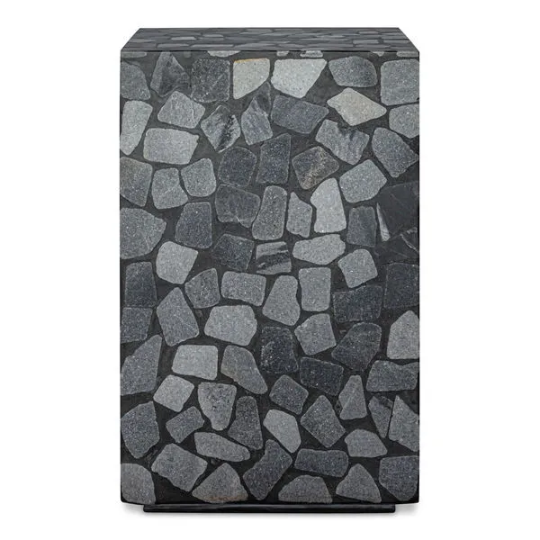 Rectangular outdoor side table with black concrete base and polished irregular pieces of gray marble embedded on all visib...