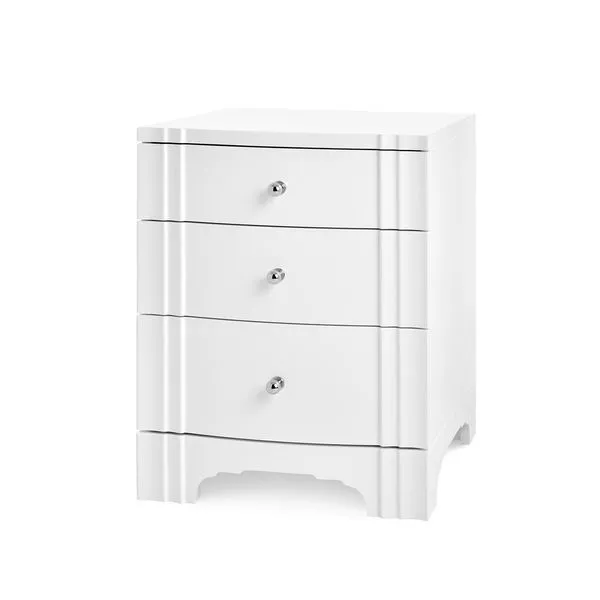 White Flanders 3-Drawer Side Table with decorative wood detailing and silver round drawer knobs