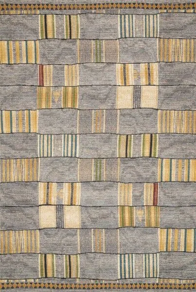 Mika Granite / Multi Rug with abstract tribal pattern in muted gray, yellow, green, and blue stripes, textured yarn and bl...