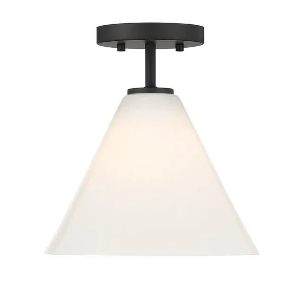 Blair 1-light mini pendant in matte black with swirling strie glass shade, semi-flush mount style
