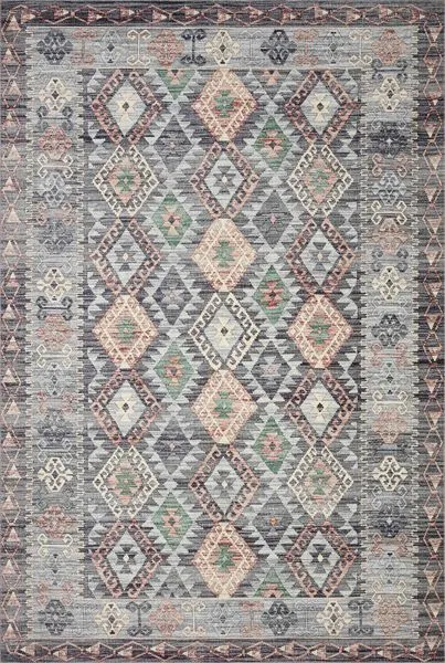 Zion Grey Multi Rug with intricate southwestern-inspired geometric and diamond motifs in grey, green, and pink tones