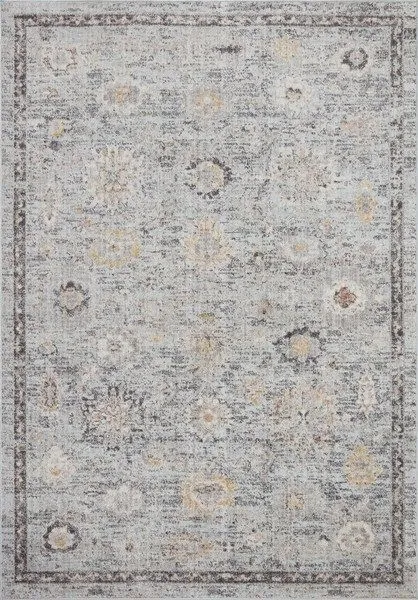Monroe Sky Gold traditional rug with large-scale floral motifs in neutral grays, beige, and black details