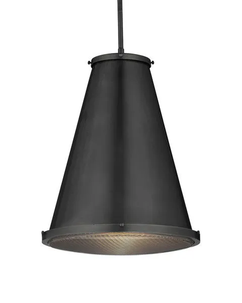 Seafarer Pendant with matte black brass conical shade and clear pebbled glass diffuser hanging from black rod