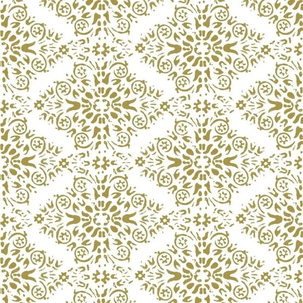 honey-gold damask pattern with intricate floral motifs on white matte wallpaper