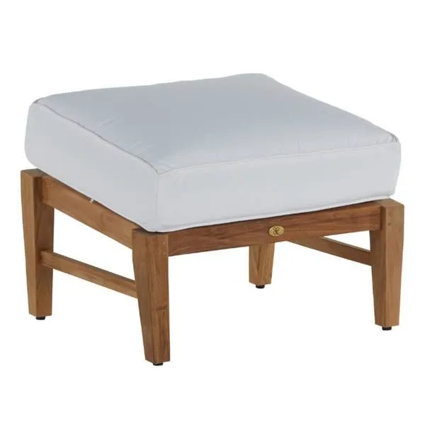Square teak ottoman with natural wood frame and thick white outdoor cushion