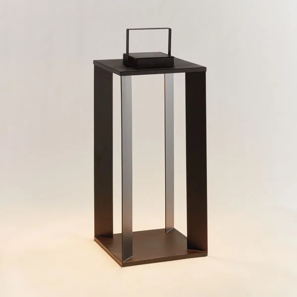 Tall black Hanley Solar LED Lantern with rectangular frame and solar panel on top