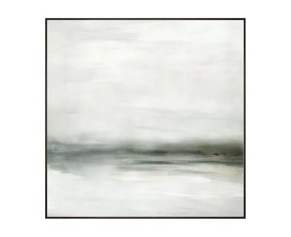 Serene landscape painting in muted gray and white tones with soft brushstrokes and a misty horizon