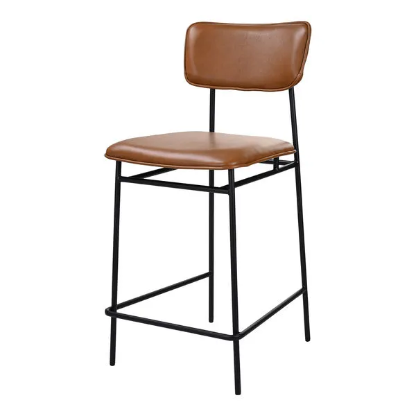 Sailor Stool with padded brown leather seat and low backrest, slender black iron frame bar counter stool