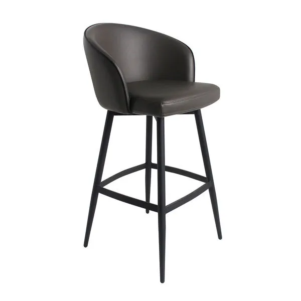 Charcoal grey Webber bar stool with curved back and polyurethane upholstery, black metal legs with footrest