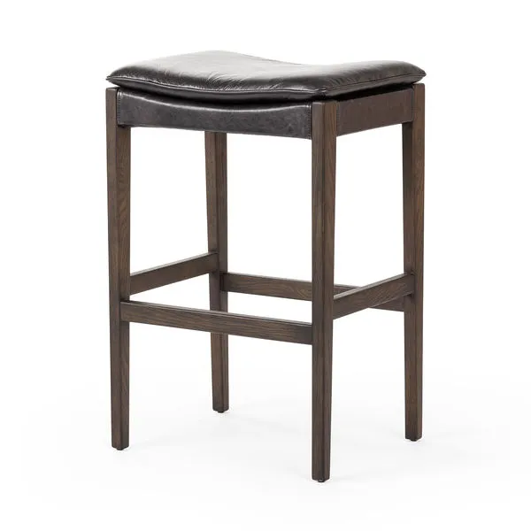 Aya Stool with solid burnt oak legs and black top-grain leather cushion, modern transitional bar stool design