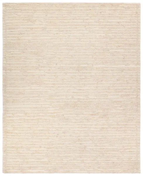 Handknotted gray rug with abstract striped pattern in cream and tan, soft wool and cotton pile