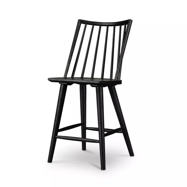 Black oak Lewis Windsor Bar + Counter Stool with wire-brushed cathedral grain, featuring tall spindle back and round legs