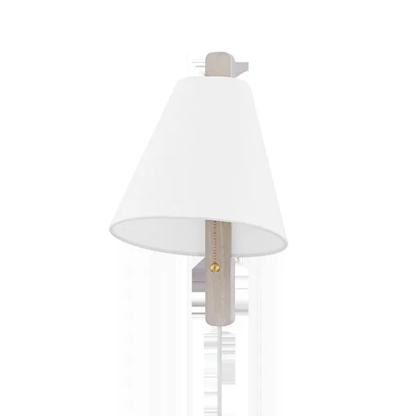 Ellen 1 Light Plug-in Sconce with a white conical fabric shade and light wood vertical mount with brass pull chain
