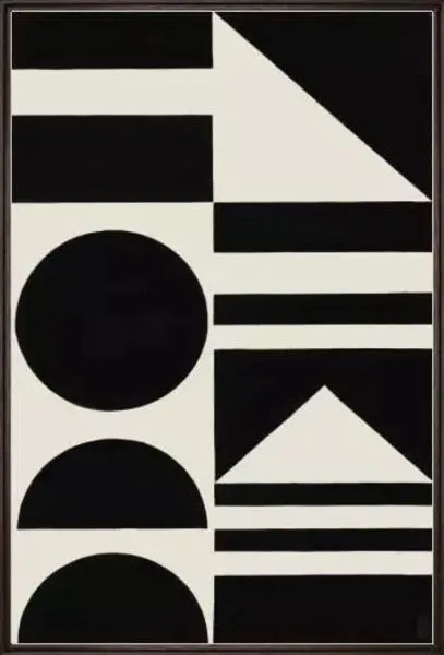 geometric black and white painting with circles, triangles, and horizontal bars in a modern minimalist style