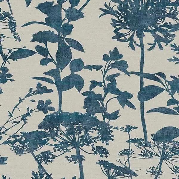 Esther Wallpaper featuring ink blue giant umbellifers and disk shaped umbels on cotton effect textured cream background