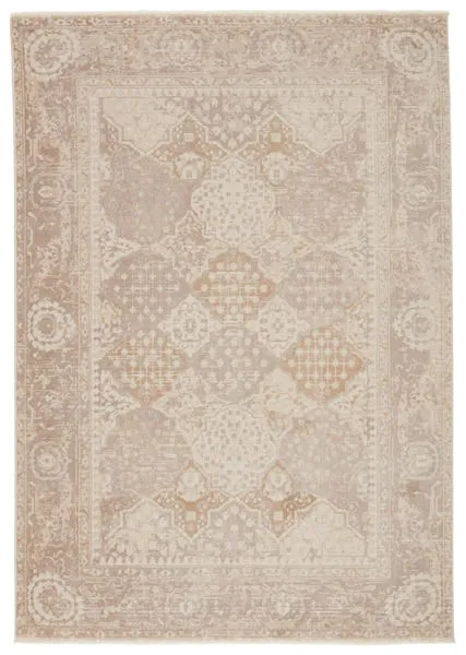Lourdes Trellis rug in gold and light gray with distressed mosaic mosaic pattern in cream, taupe, ivory, and metallic accents