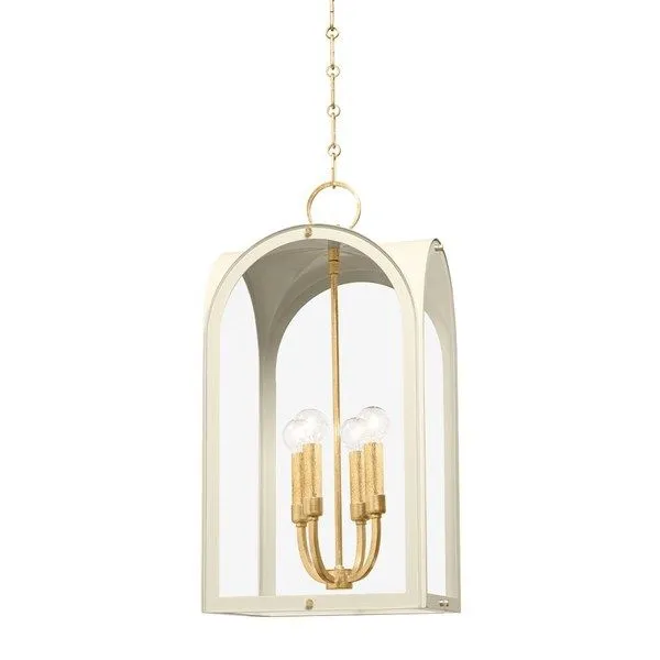 Soft sand finish pendant lantern with arched metal frame and four vintage gold leaf globe candle lights