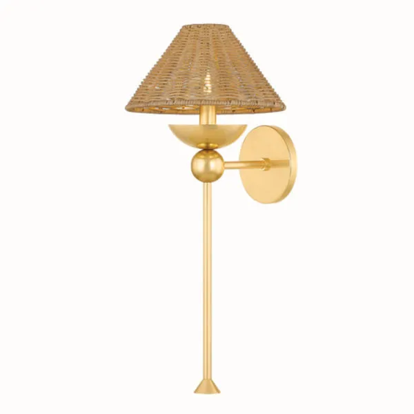 Side angle of Perilla Wall Sconce highlighting sphere detail and round gold wall base with wicker shade