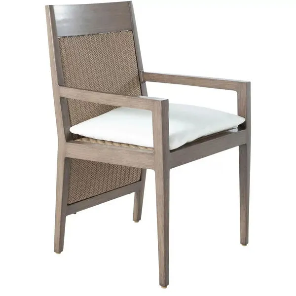 Savannah Aluminum Oak/Raffia Arm Chair with light wood frame, woven raffia panels on seat and back, white seat cushion