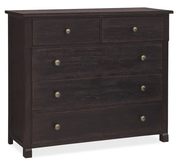Driftwood Five-Drawer Chest in Burnt Timber finish with five brass knobs and visible wood grain texture