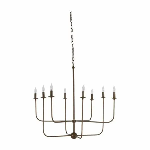Lilly Chandelier with eight curved arms in brushed copper finish and candle-style bulbs with uniform height