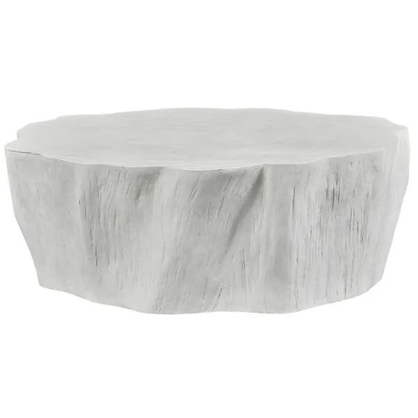 White matte coffee table shaped like a natural tree trunk with deep textured grains and irregular edges