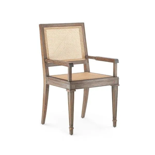 Jansen Cane and Lacquered Wood Arm Chair with bleached cane back and seat, straight clean lines, retro 1960s style