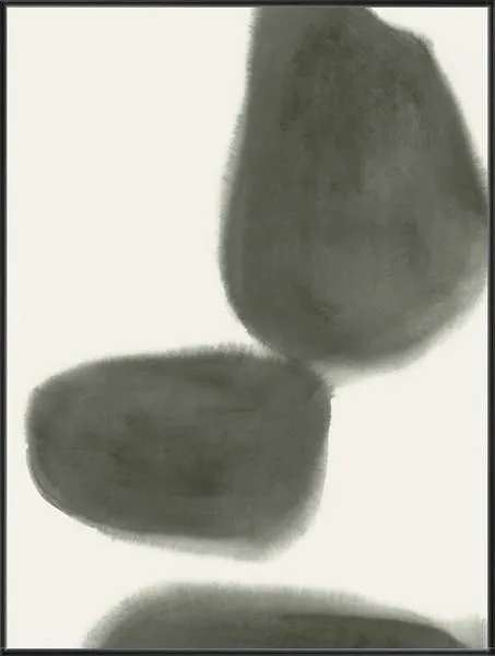 abstract painting Mossy Pebbles II with soft, muted green organic shapes resembling moss-covered stones on a light background