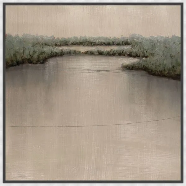 Serene painting of calm water body framed by muted green vegetation with soft earth tone sky and subtle texture on canvas