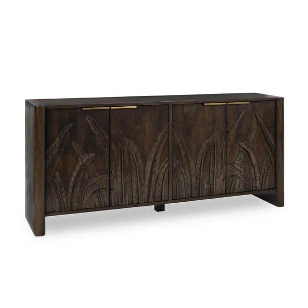 Ledro solid mango wood buffet with hand-carved foliage motif and four storage doors with brass handles