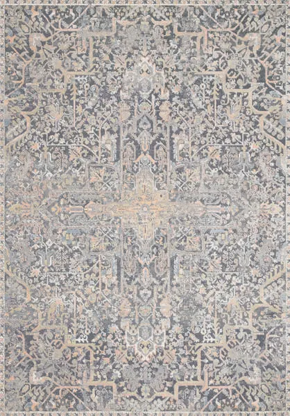 Lucia Charcoal / Multi Rug with vintage style floral and geometric patterns in muted gray, charcoal, beige, and peach tones