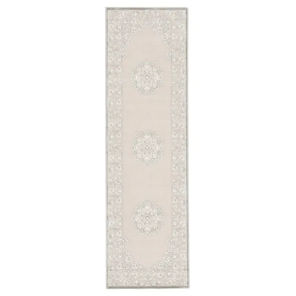 Gray and white modern runner rug with high-low texture, medallion center and scrolling border detail