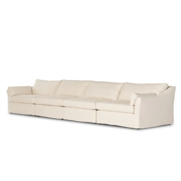 Delray 4 Piece Slipcover Sectional in neutral beige with flared rolled arms and plush feather-blend cushions