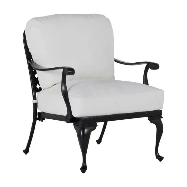 Provance Ancient Earth Aluminum Lounge Chair with white cushions, black ornate aluminum frame and curved armrests
