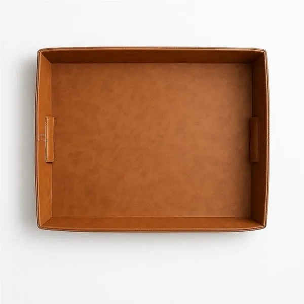 Rectangular tray with rich brown leather finish and clean stitched edges