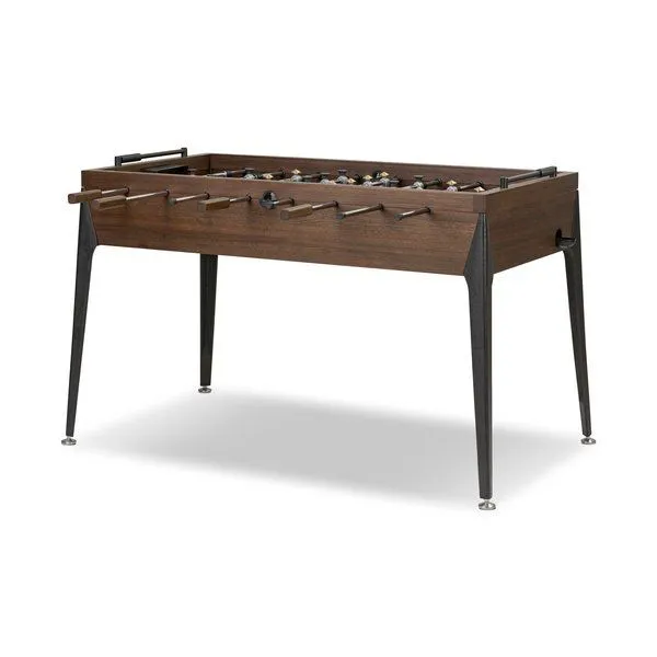District Eight Foosball Table with tapered cast aluminum legs, wooden handles, and concrete playing surface