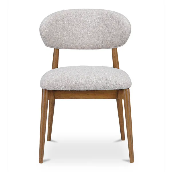 Ellie Dining Chair with gently winged oatmeal-tone textured upholstery and warm rubberwood frame
