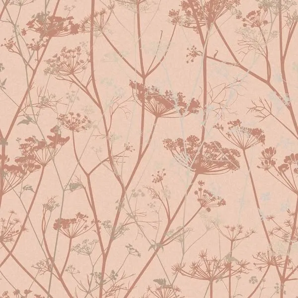 Wild Chervil wallpaper with delicate starry floral clusters in soft peach and rose tones on fibrous textured paper