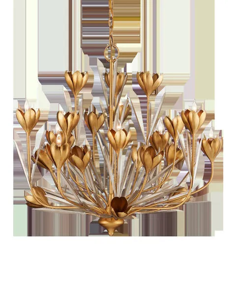Hortensia Chandelier with wrought iron blooms in gold leaf and linear leaves in silver leaf, crocus flower inspired design