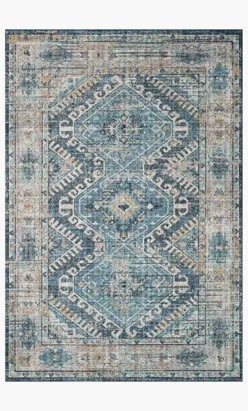 Skye Denim/Natural Rug with vintage medallion pattern in blue, beige, and taupe hues