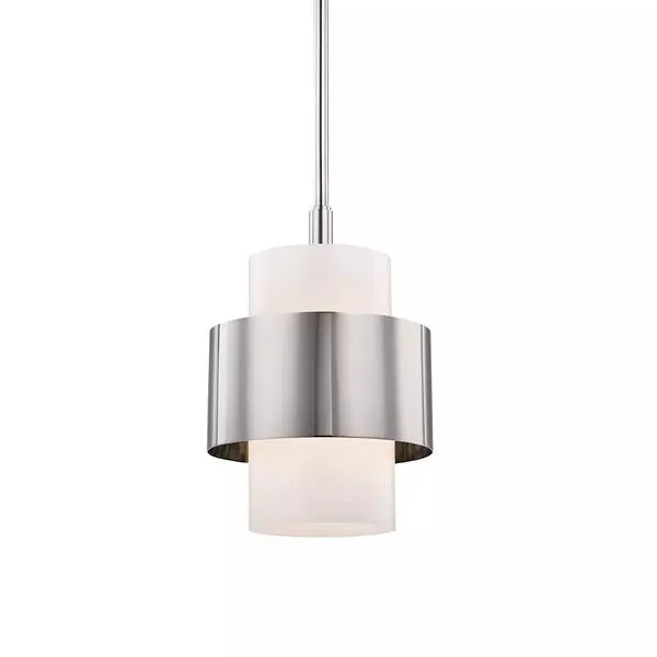 Small pendant with a white cylindrical diffuser and a wide, glossy offset silver metal band