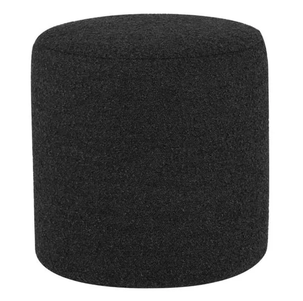 Round Robin Licorice Boucle Pouf in deep black with soft, textured boucle fabric and a plush, cylindrical shape
