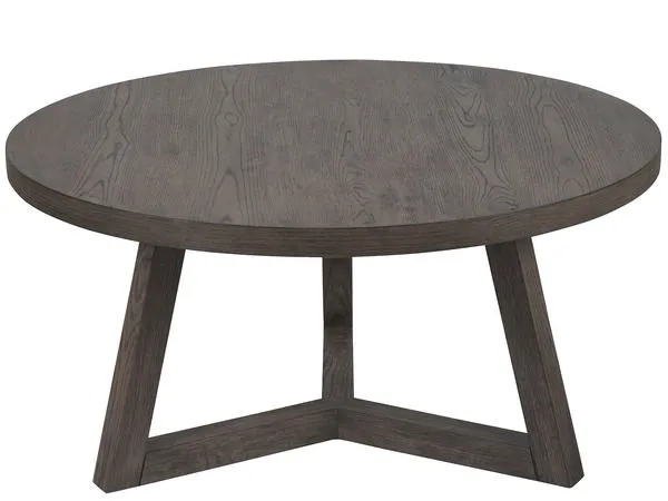 Muse Bunching Table with smooth circular washed charcoal wood surface and three-legged base
