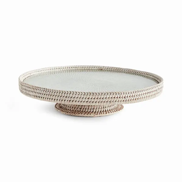 Round Burma Rattan Serving Stand with tight weave and whitewash finish on raised pedestal base