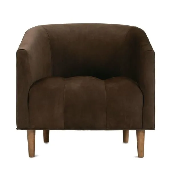 Pate Leather Chair in dark brown nubuck leather with barrel shape, gently curved back, and wooden legs