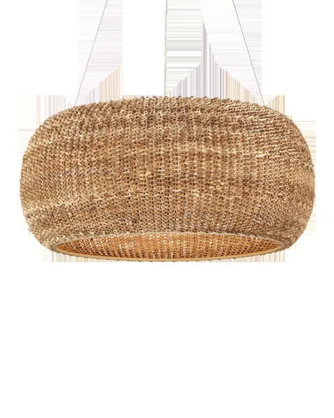 Boucle Chandelier with looping natural rattan curls wrapped around beige wrought iron frame hanging