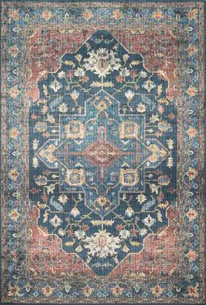 Traditional rectangular rug with intricate old-world brick red and blue medallion pattern and detailed floral border